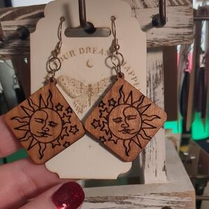Handmade Sun and Moon Wooden Earrings